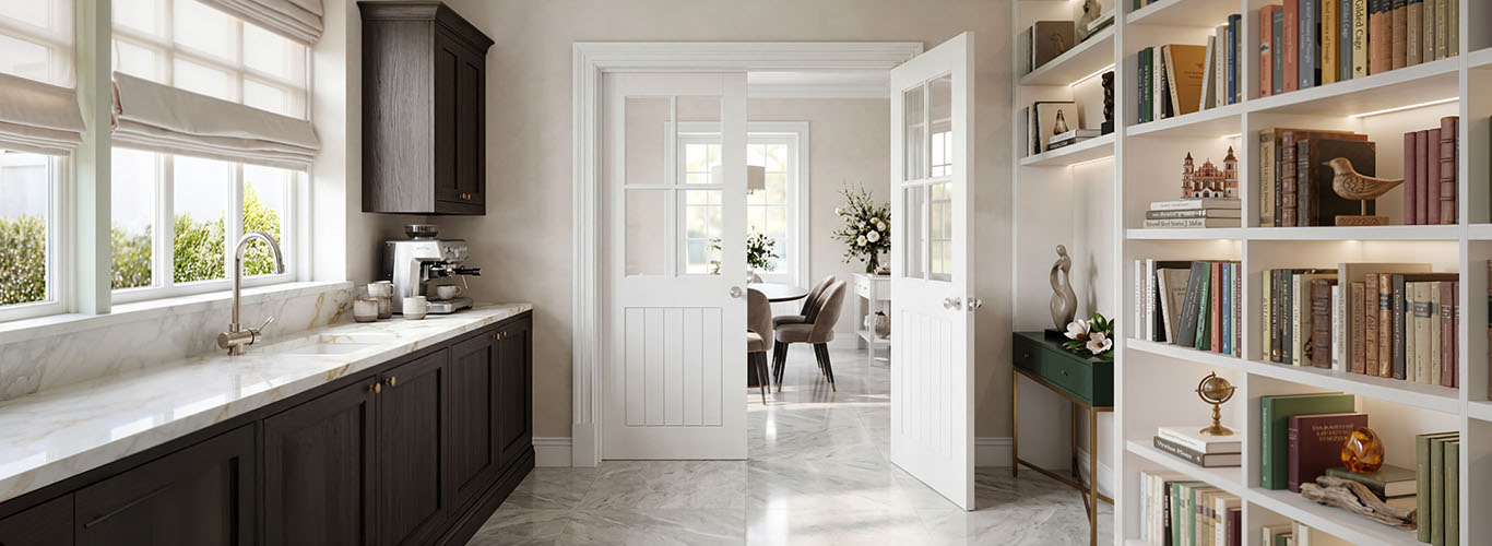 cheshire-pg-glazed-lifestyle-1366x500 Valdor Cheshire primed glazed internal doors in a modern open-plan interior
