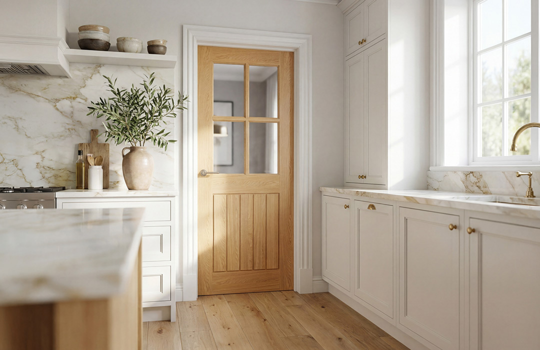 Valdor Cheshire oak glazed internal door in a bright kitchen interior
