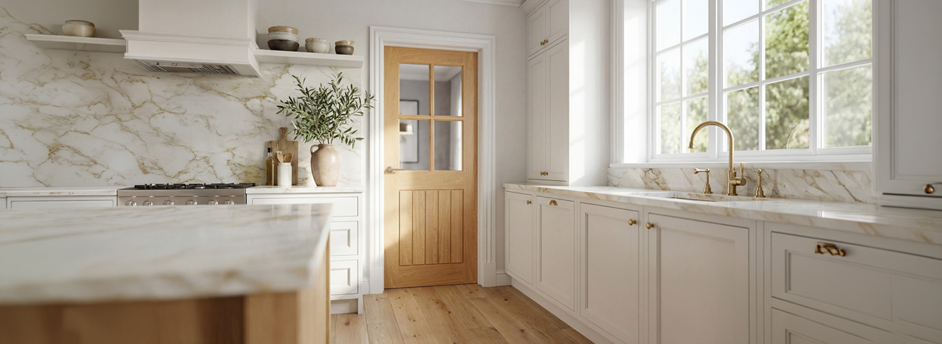 Valdor Cheshire Oak Glazed Internal Door in Kitchen Interior Valdor Cheshire oak glazed internal door in a bright kitchen interior