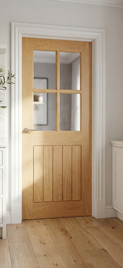 Valdor Cheshire Oak Glazed Internal Door in Kitchen Interior Valdor Cheshire oak glazed internal door in a bright kitchen interior