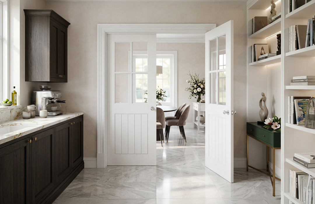 Valdor Cheshire Primed Glazed Internal Doors in Modern Interior Valdor Cheshire primed glazed internal doors in a modern open-plan interior
