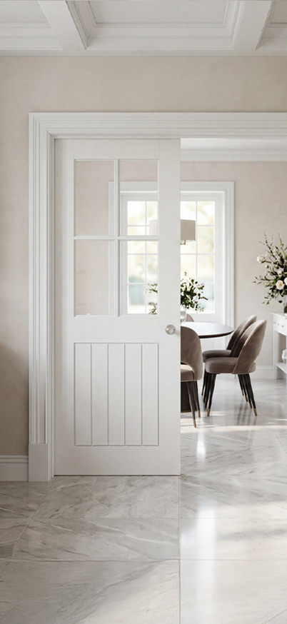 Valdor Cheshire Primed Glazed Internal Doors in Modern Interior Valdor Cheshire primed glazed internal doors in a modern open-plan interior