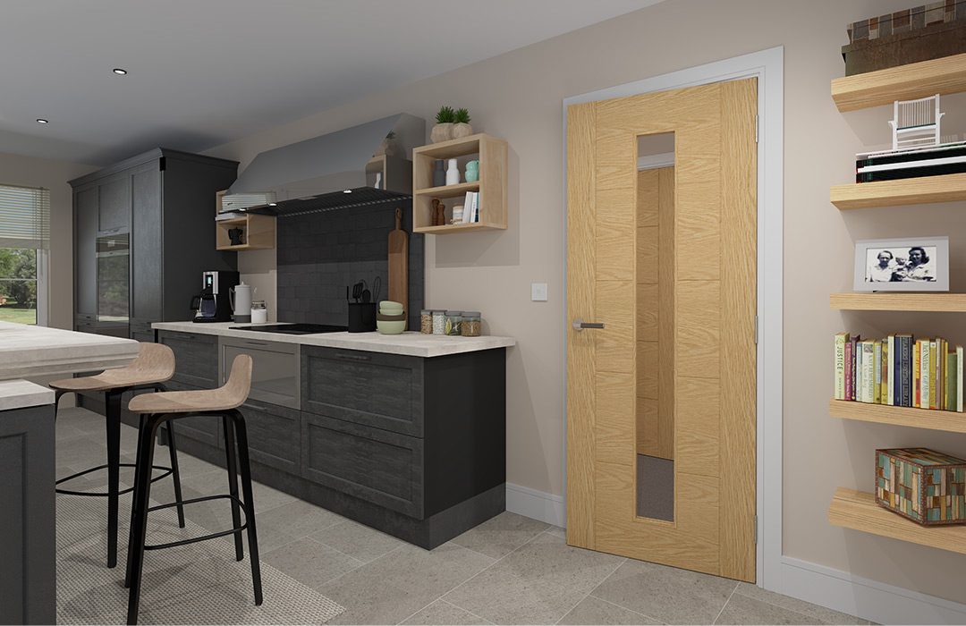 Valdor Shaker Oak Solid Internal Door in Contemporary Living Space Valdor Ladder oak glazed internal door in a modern kitchen interior