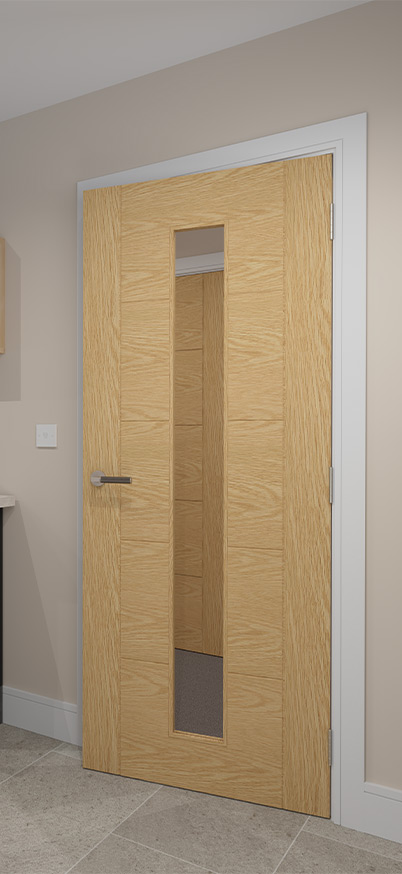 Valdor Shaker Oak Solid Internal Door in Contemporary Living Space Valdor Ladder oak glazed internal door in a modern kitchen interior