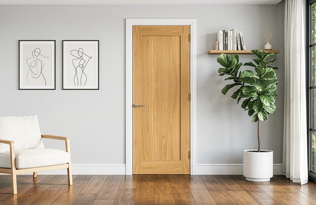 Valdor Shaker Oak Solid Internal Door in Contemporary Living Space Valdor Shaker oak solid internal door in a contemporary living space
