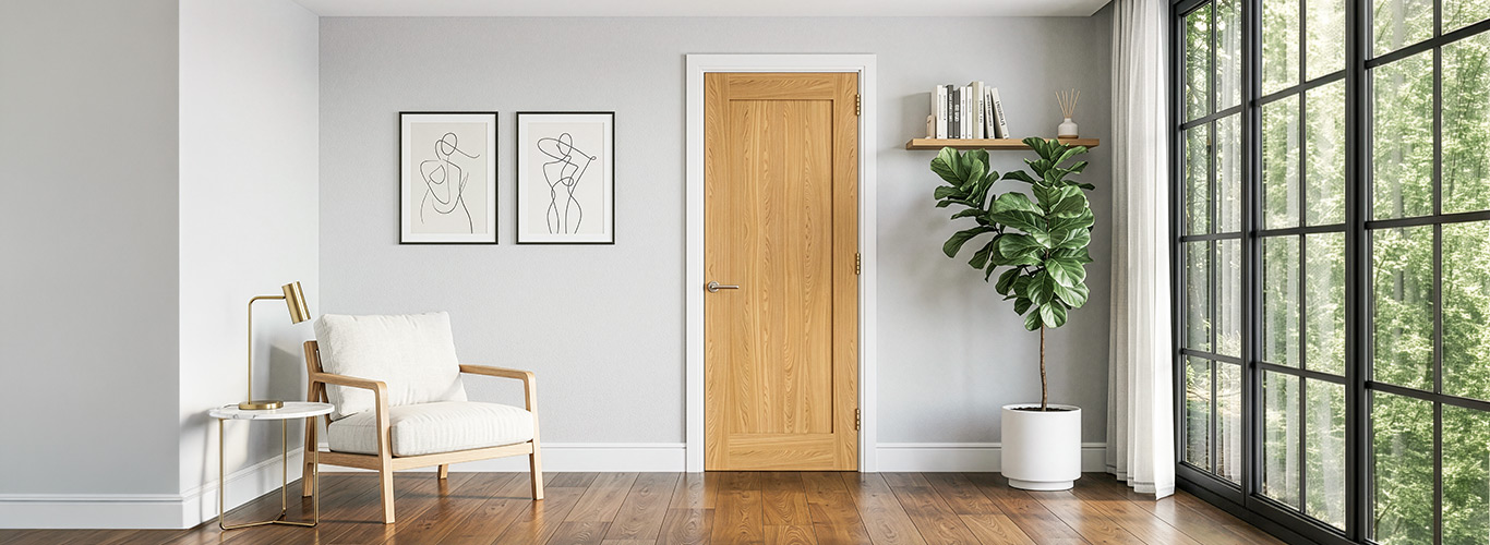 Valdor Shaker Oak Solid Internal Door in Contemporary Living Space Valdor Shaker oak solid internal door in a contemporary living space