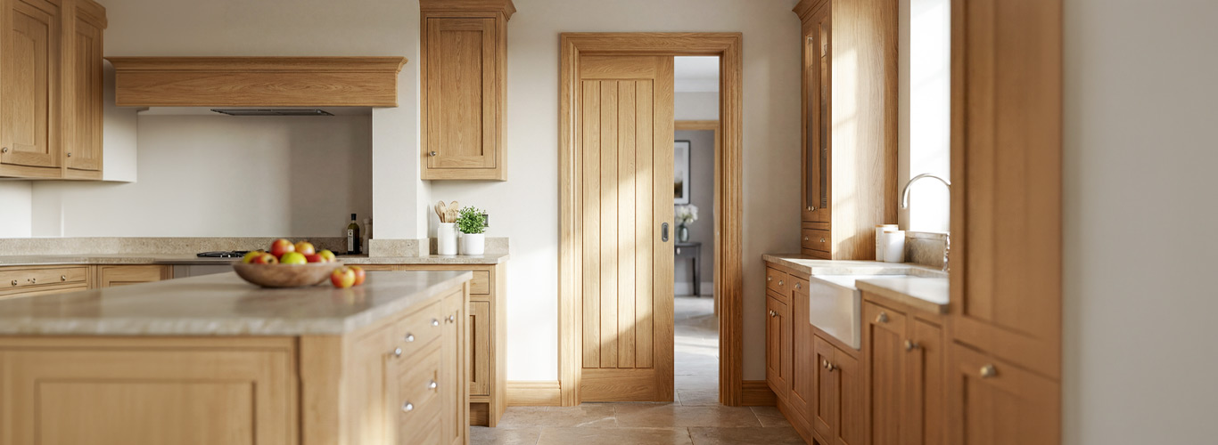 Cheshire oak solid internal door fitted in a warm timber kitchen interior