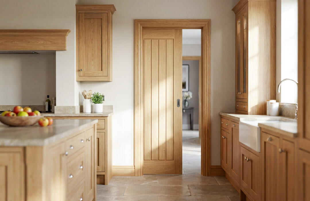 Cheshire oak solid internal door fitted in a warm timber kitchen interior