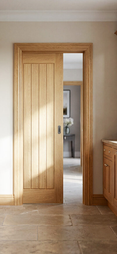 Cheshire oak solid internal door fitted in a warm timber kitchen interior