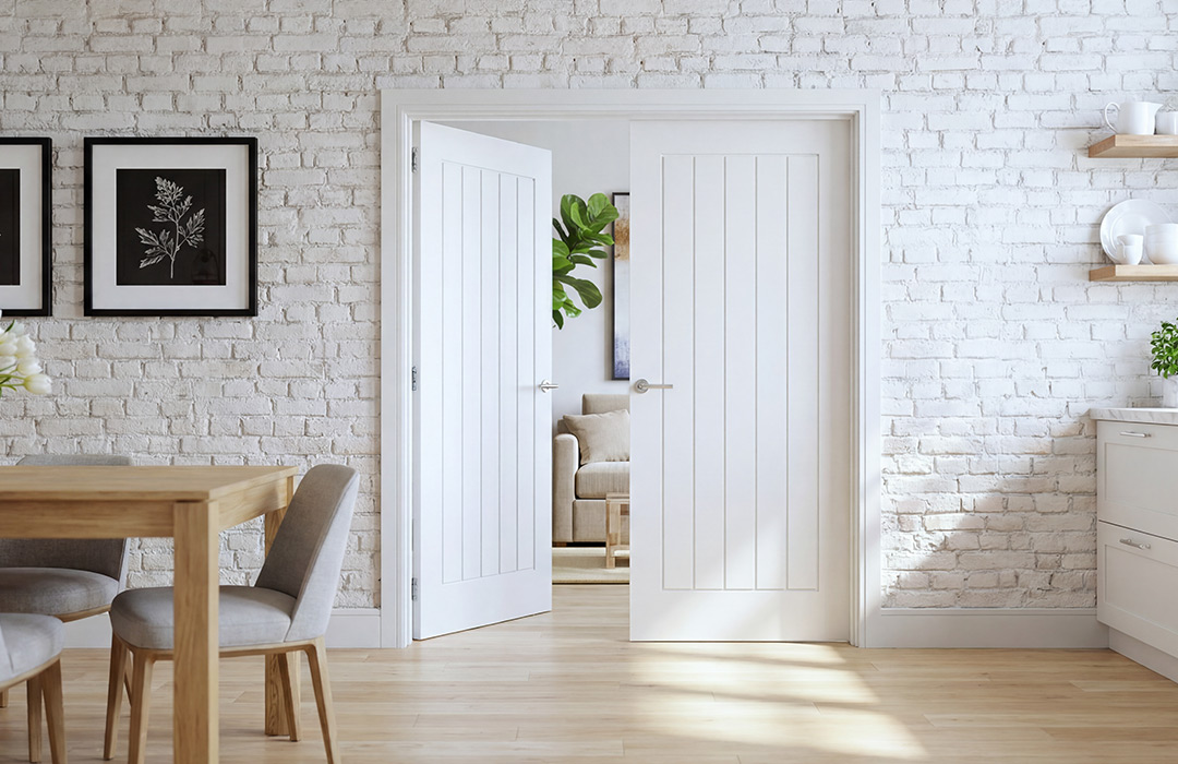 Cheshire primed white solid internal door in a bright dining and kitchen space
